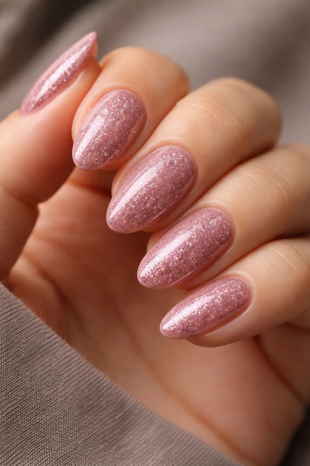 Close-up of mauve pink nails with glitter and a glossy finish on short almond nails