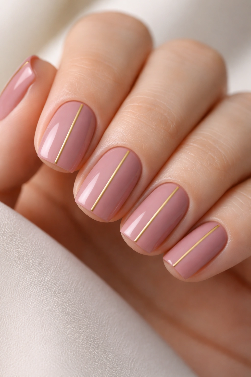 Close-up of mauve pink squoval nails with a thin gold line down the center