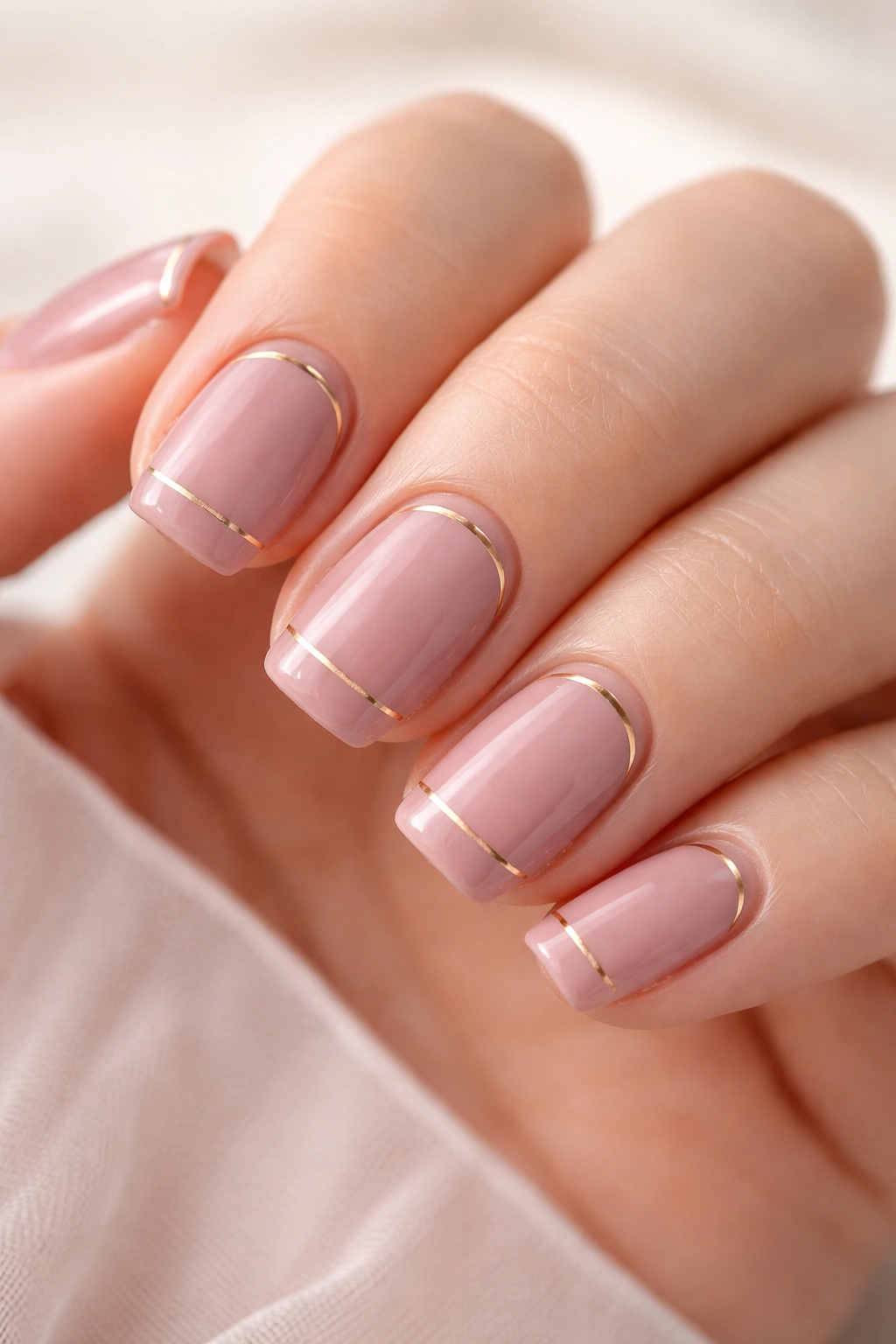 Close-up of mauve pink nails with ultra-thin gold lines on short squoval nails, studio lighting.