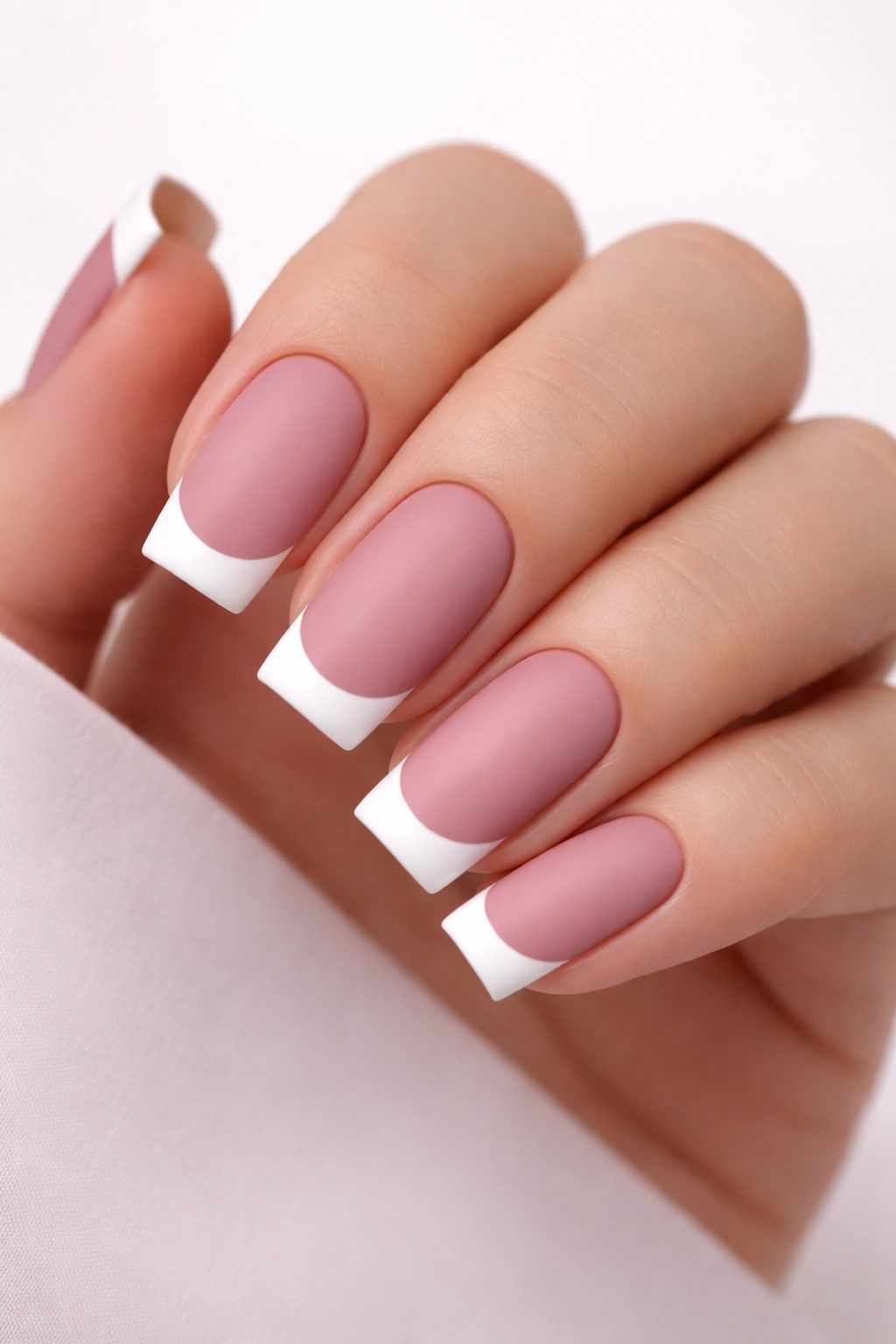 Close-up of mauve pink nails with a matte base and white tips