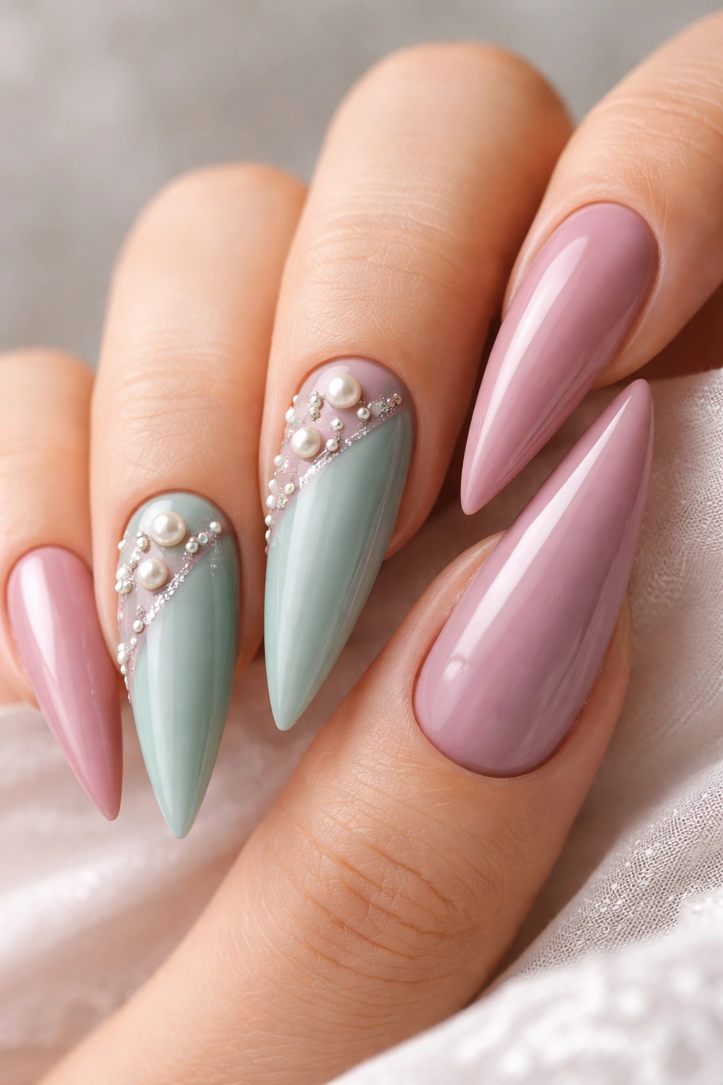 Close-up of stiletto nails in mauve pink and seafoam green with pearl accents