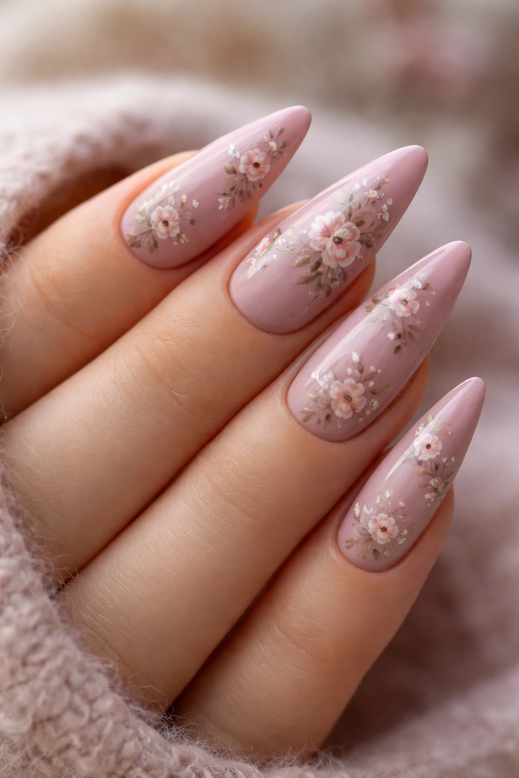 Close-up of mauve pink nails with vintage floral pattern