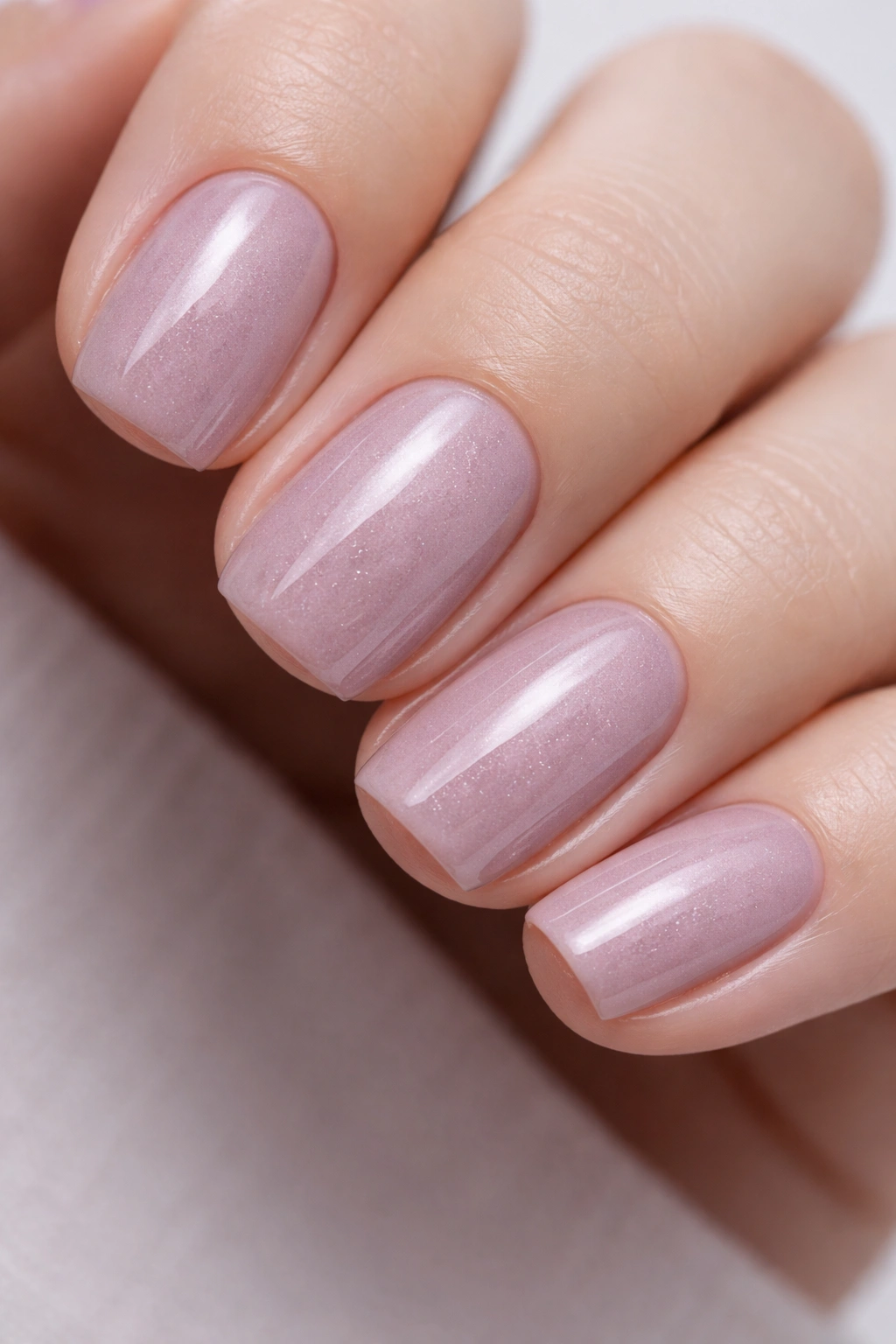 Close-up of short squoval nails with mauve shimmer and glossy finish