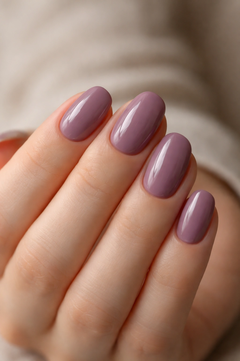 Close-up of short oval mauve nails