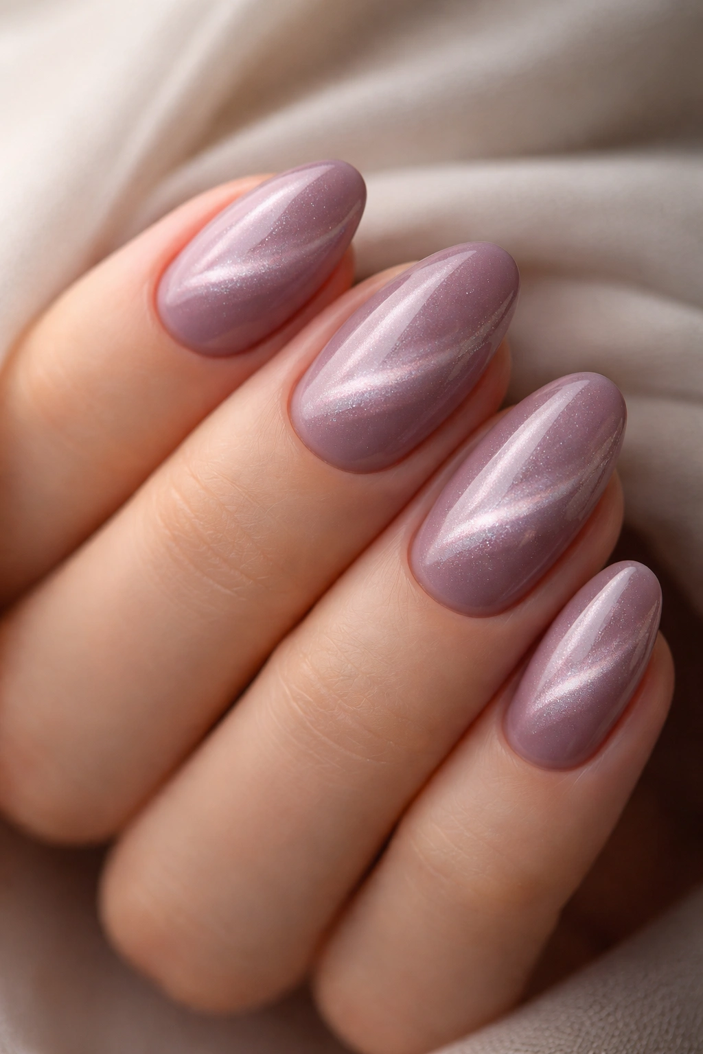 Close-up of mauve smoke cat-eye nails on short almond shape