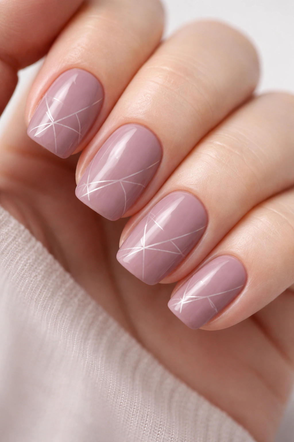 Mauve squoval nails with subtle geometric pattern on a hand