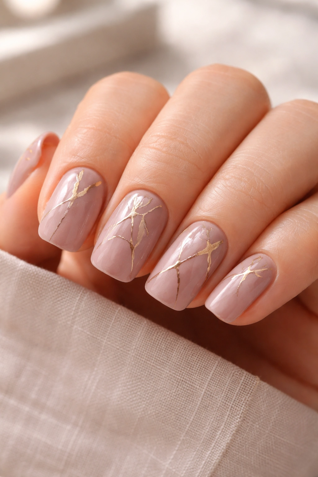 Close-up of short squoval nails with dusty mauve base and delicate gold veining