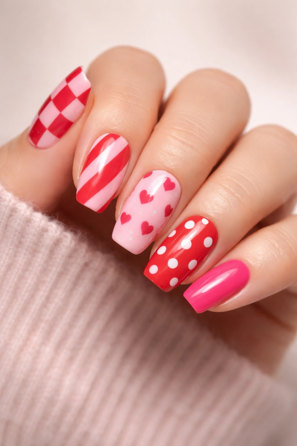 Close-up of a hand with mixed-pattern Valentine nails in red pink and white