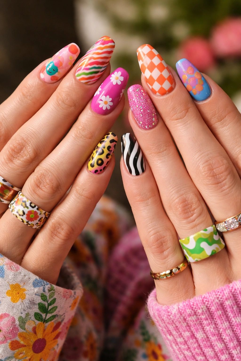 Hands with nails displaying stripes, dots, chevrons, florals, and animal prints in a cohesive palette