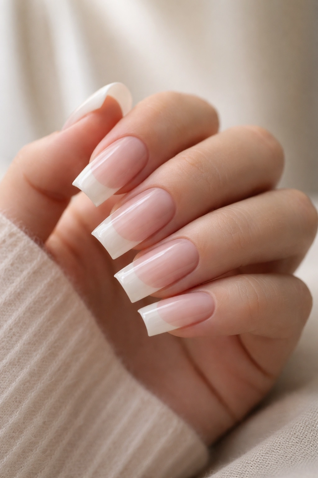 Close-up of medium duck nails with a minimal manicure in a calm setting