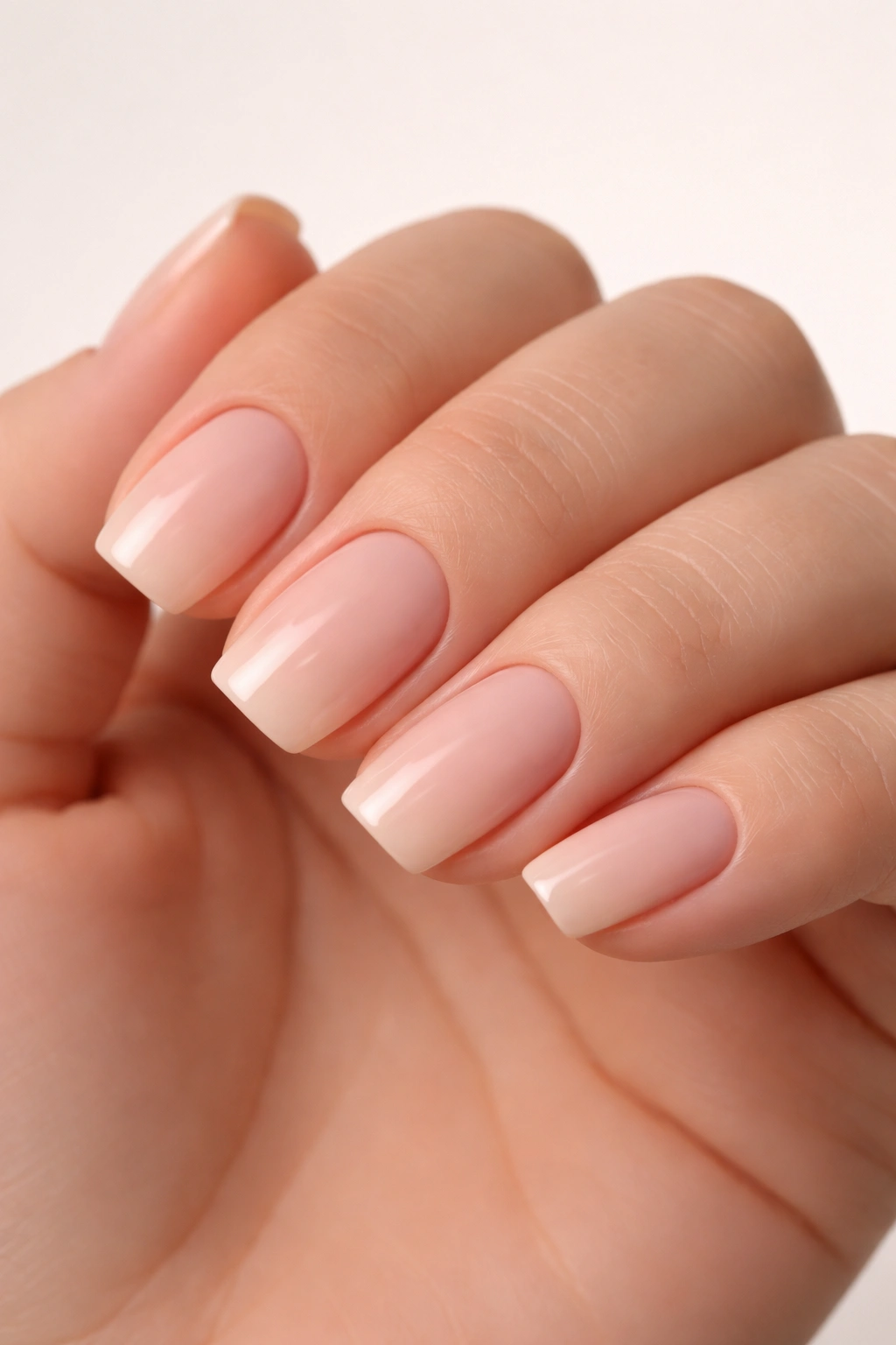 Close-up of medium-length nails with softly rounded square corners