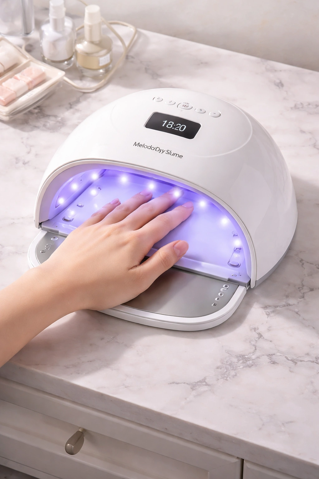 Detachable base plate lamp curing nails in a clean setup.