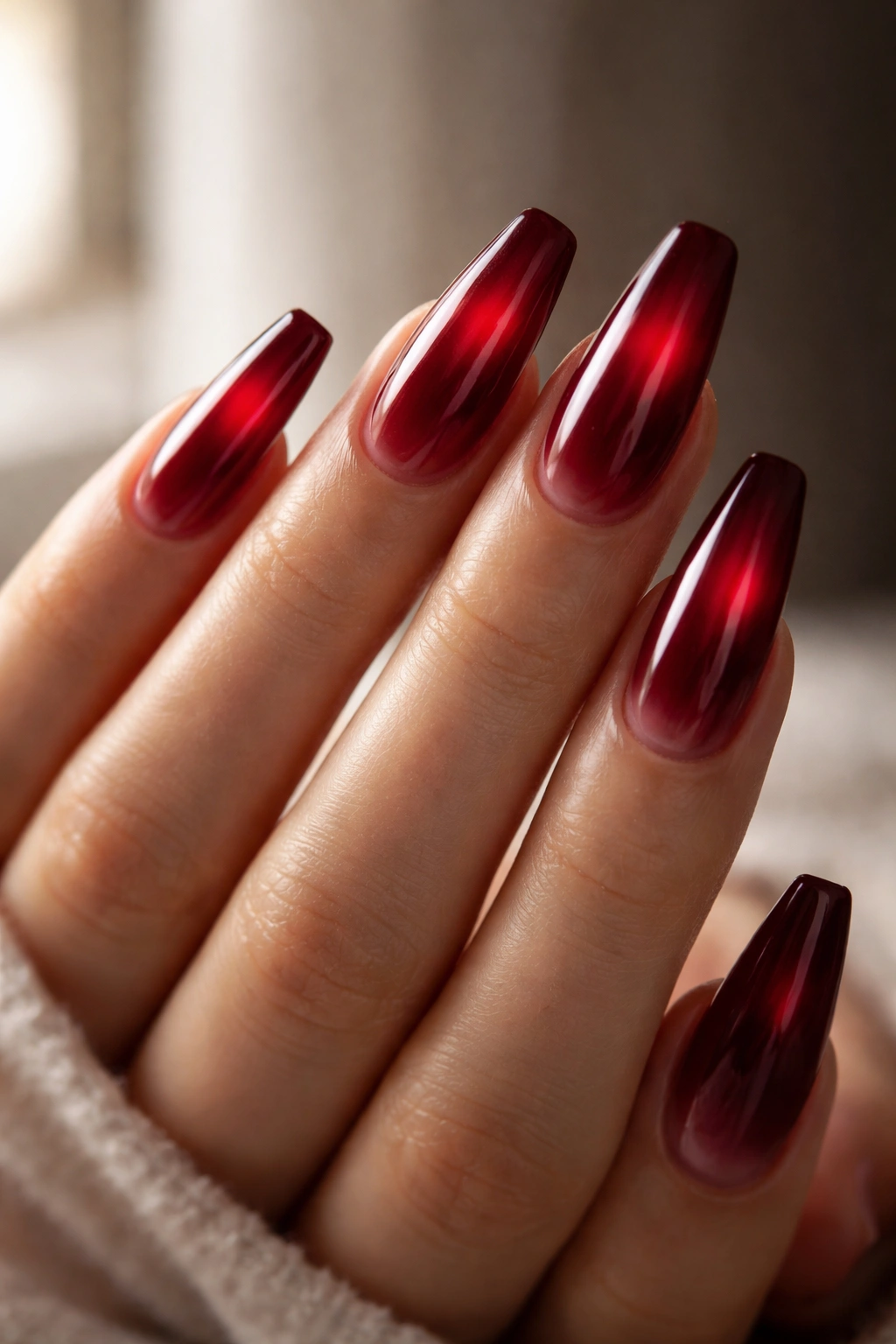 Center-merlot aura nails on pink-nude base with glossy finish.