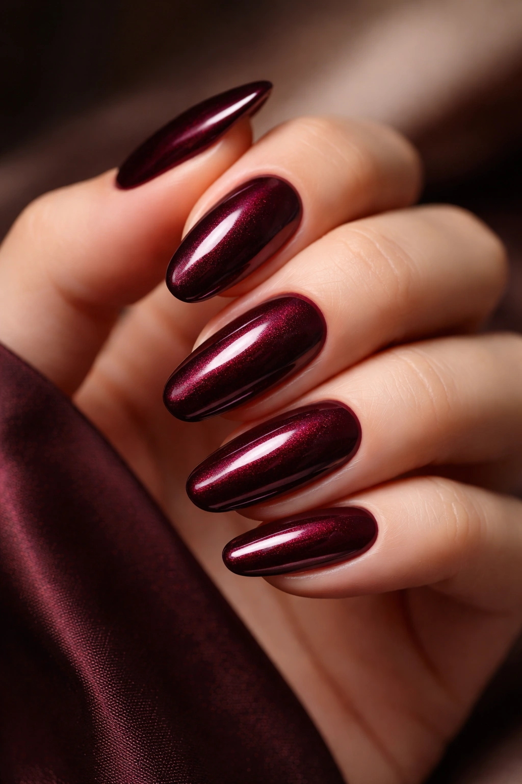 Close-up of deep burgundy Merlot nails with glossy finish on a hand