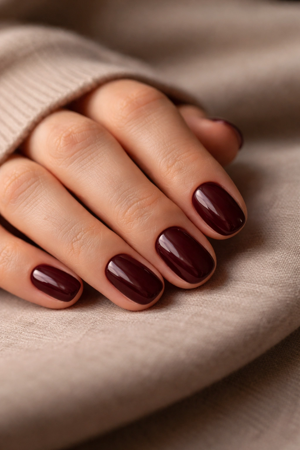 Close-up of deep merlot nails with subtle sheen on short oval nails