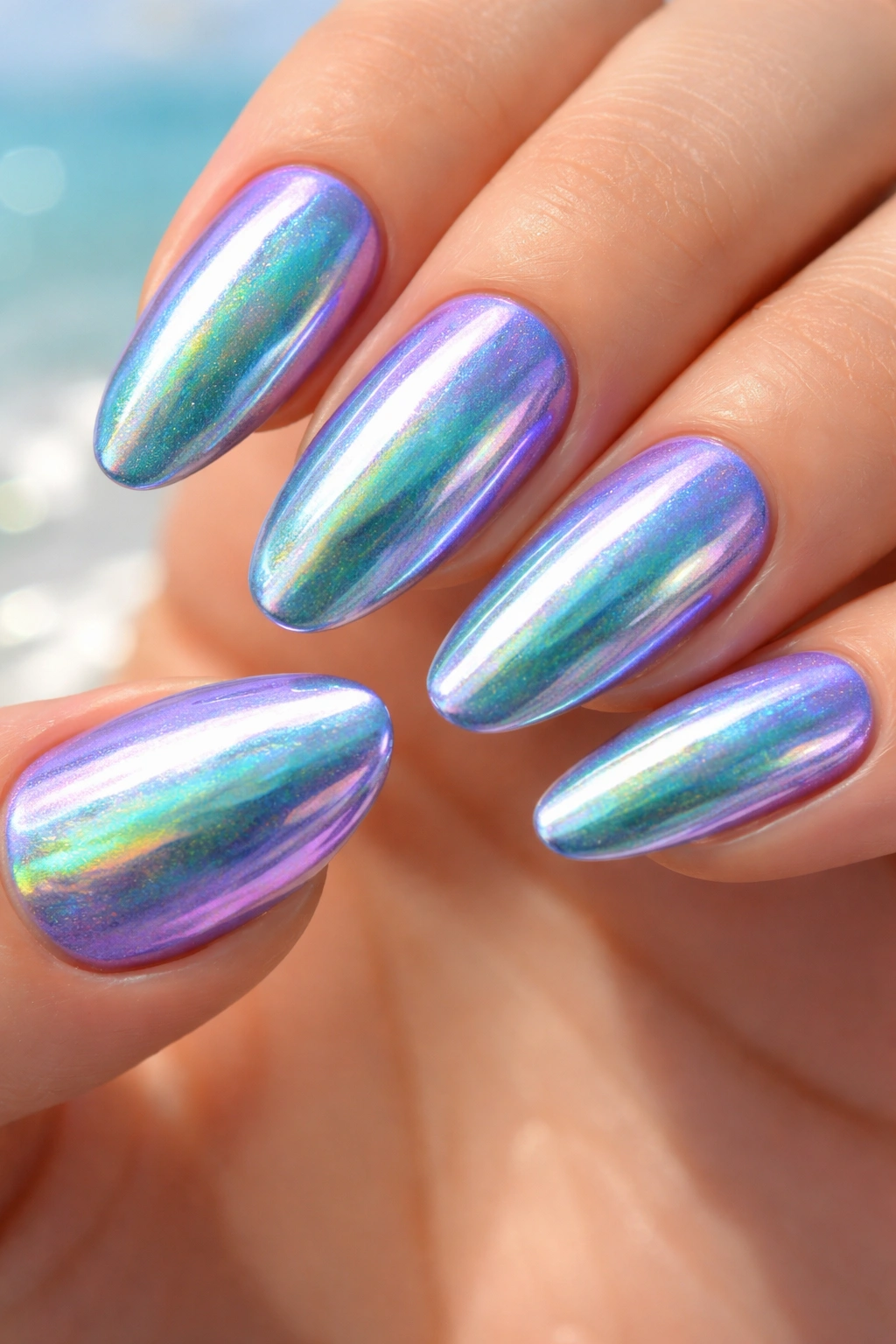 Mermaid chrome nails with iridescent color shifts on metallic surface