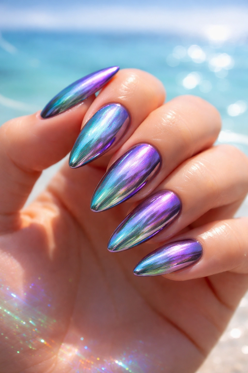 Nails with mermaid chrome color-shifting finish against blue background