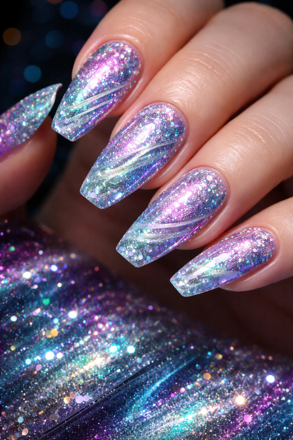 Mermaid iridescent mix nails with aqua purple pink glitter and scale texture