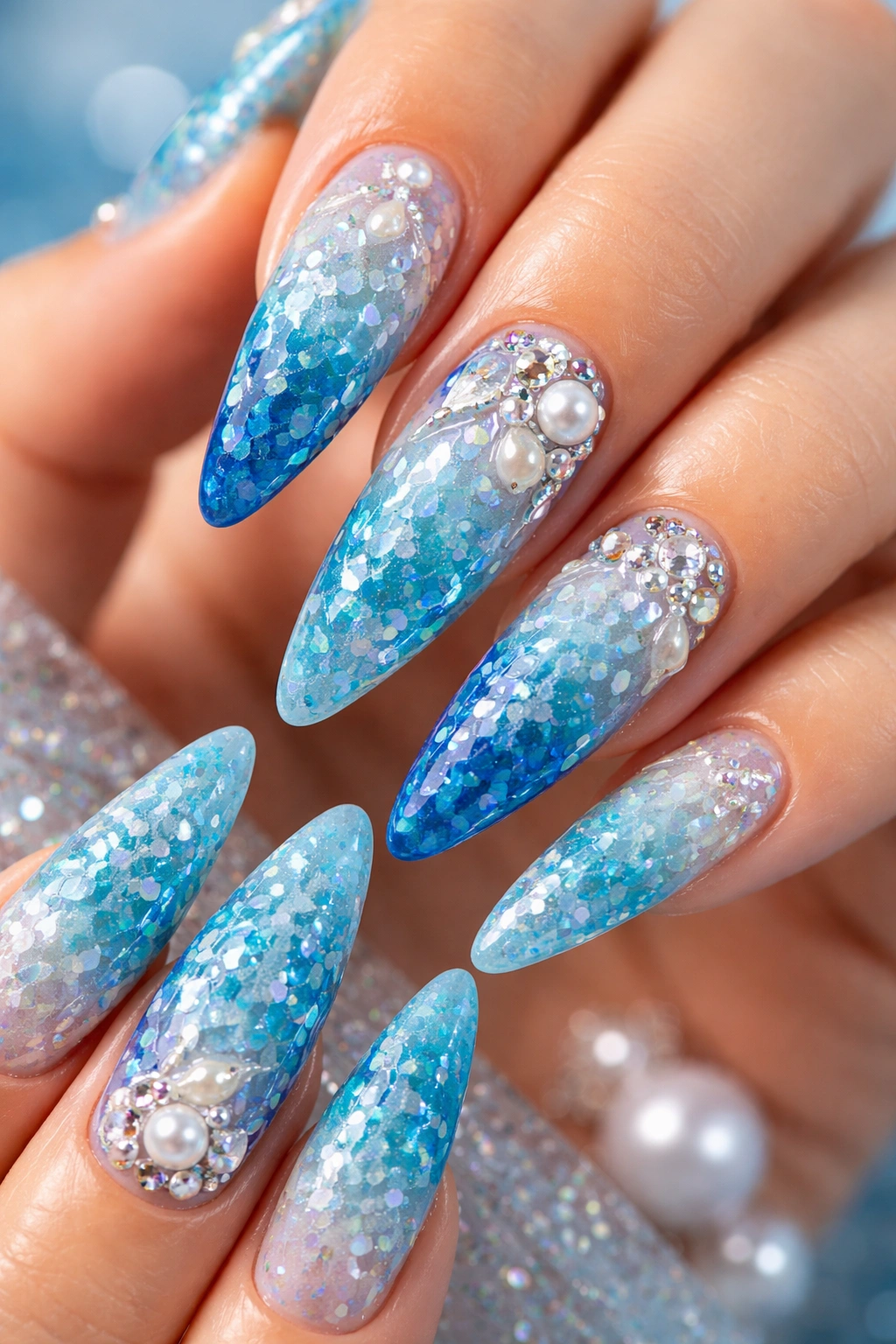 Mermaid textured nails in ocean blue gradient with pearl accents