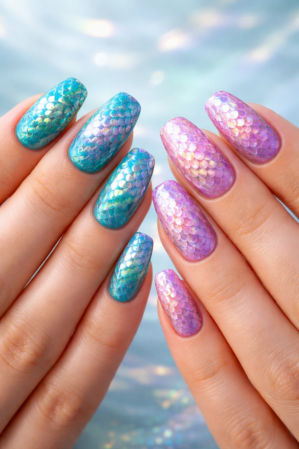 Mermaid scale nails with iridescent top coats