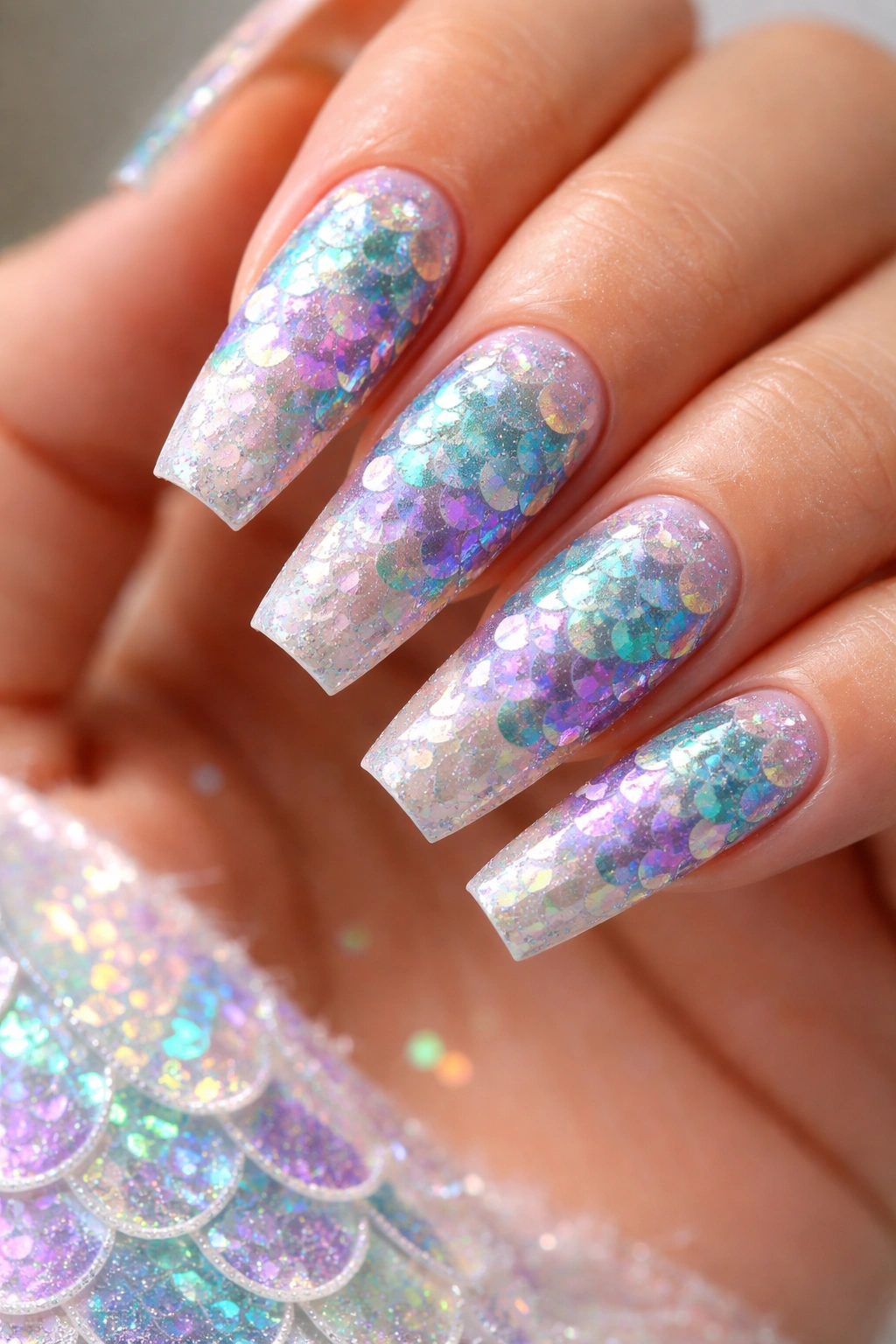 Nails with iridescent mermaid scale pattern