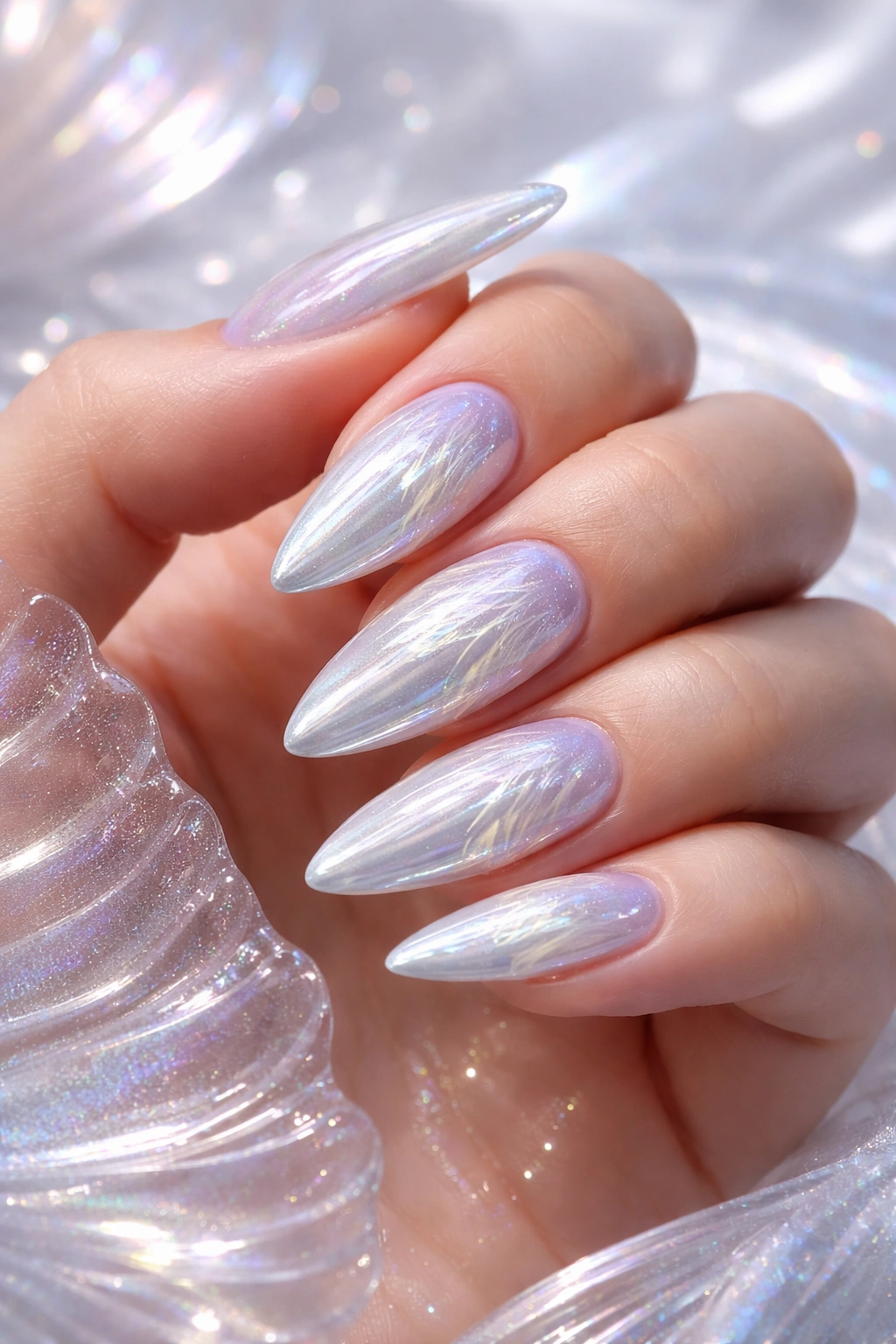 Macro close-up of iridescent mermaid nails with pearlescent chrome