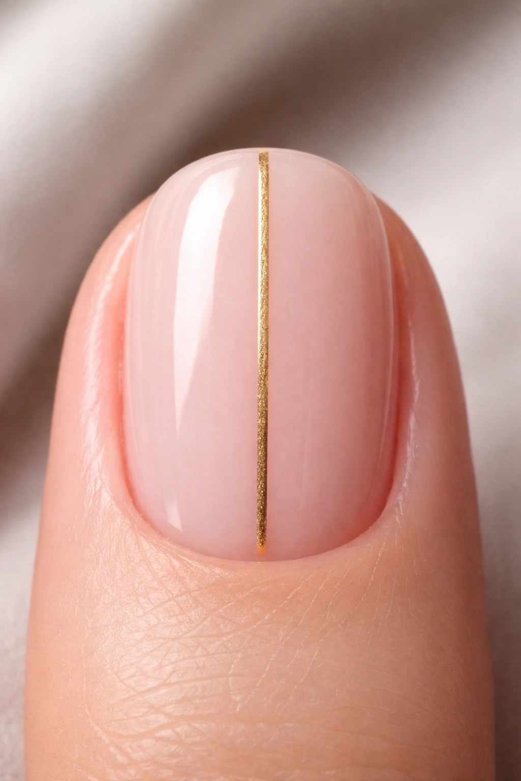 Close-up of a short nail with a thin gold metallic stripe