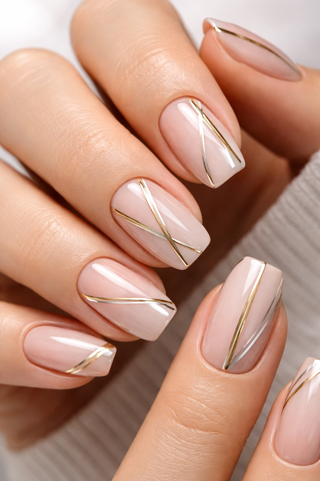 Nails with thin gold or silver metallic lines and geometric accents