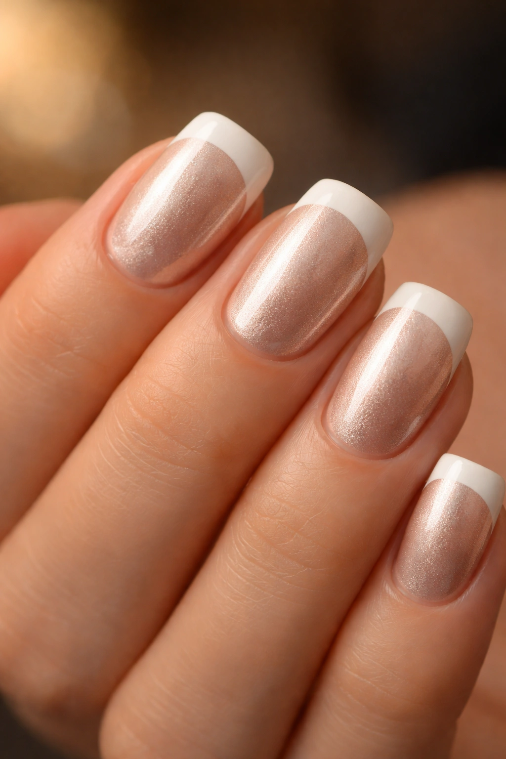 Close-up of short squoval nails with metallic base and white tip