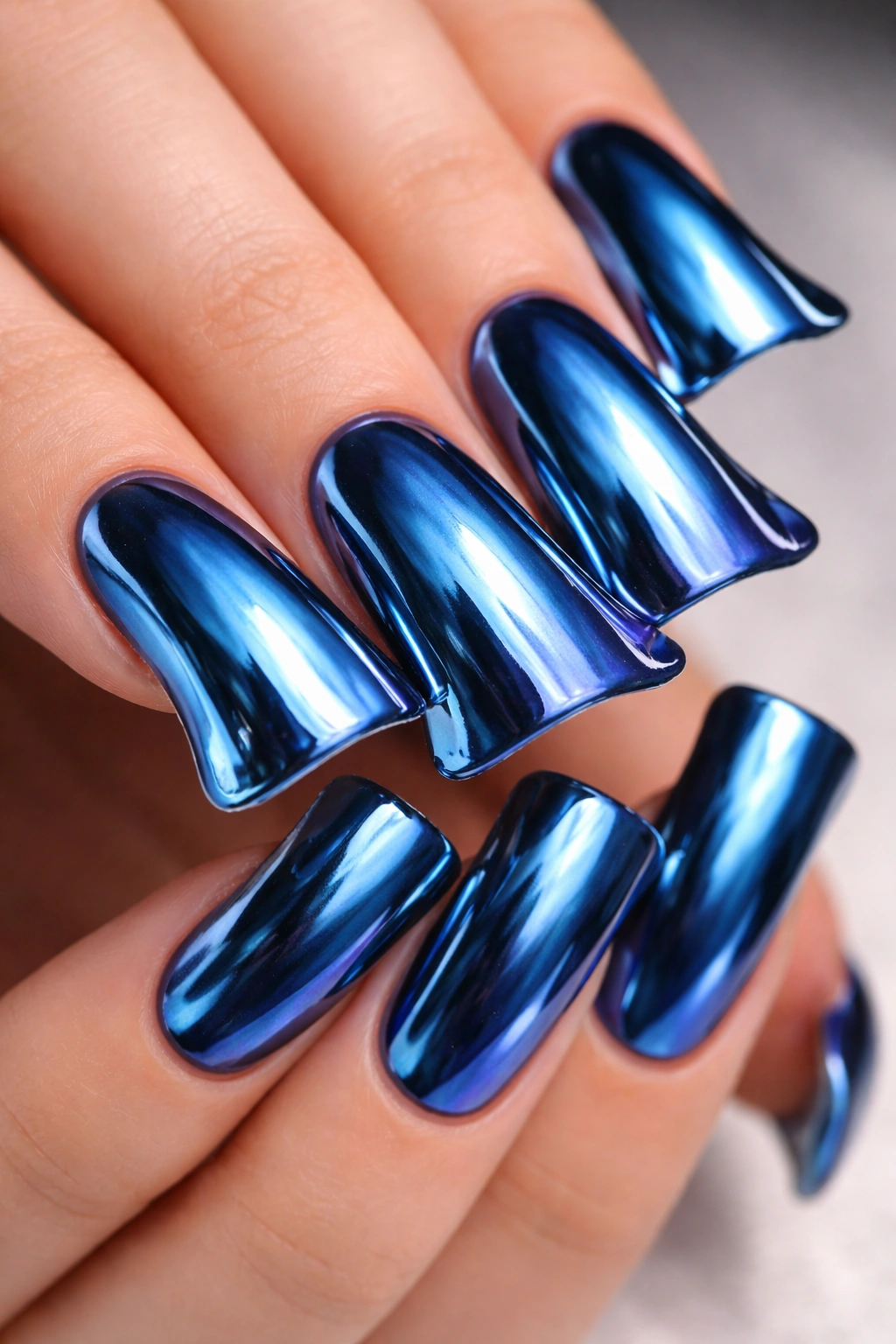 Reflective metallic blue duck nails with curved tips.
