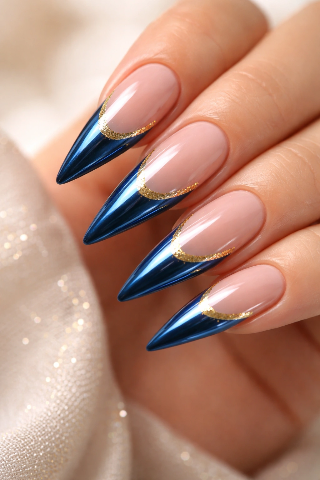 Close-up of metallic blue French tip nails with gold accents on stiletto shape
