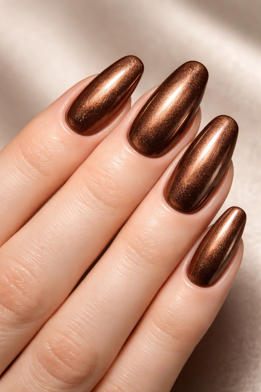 Close-up of nails in metallic bronze brown with shimmer on pale skin