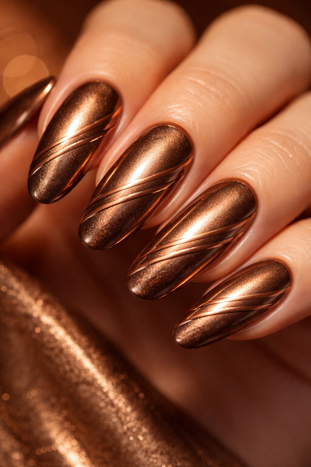 Bronze metallic nail with thin copper stripes on long oval nails
