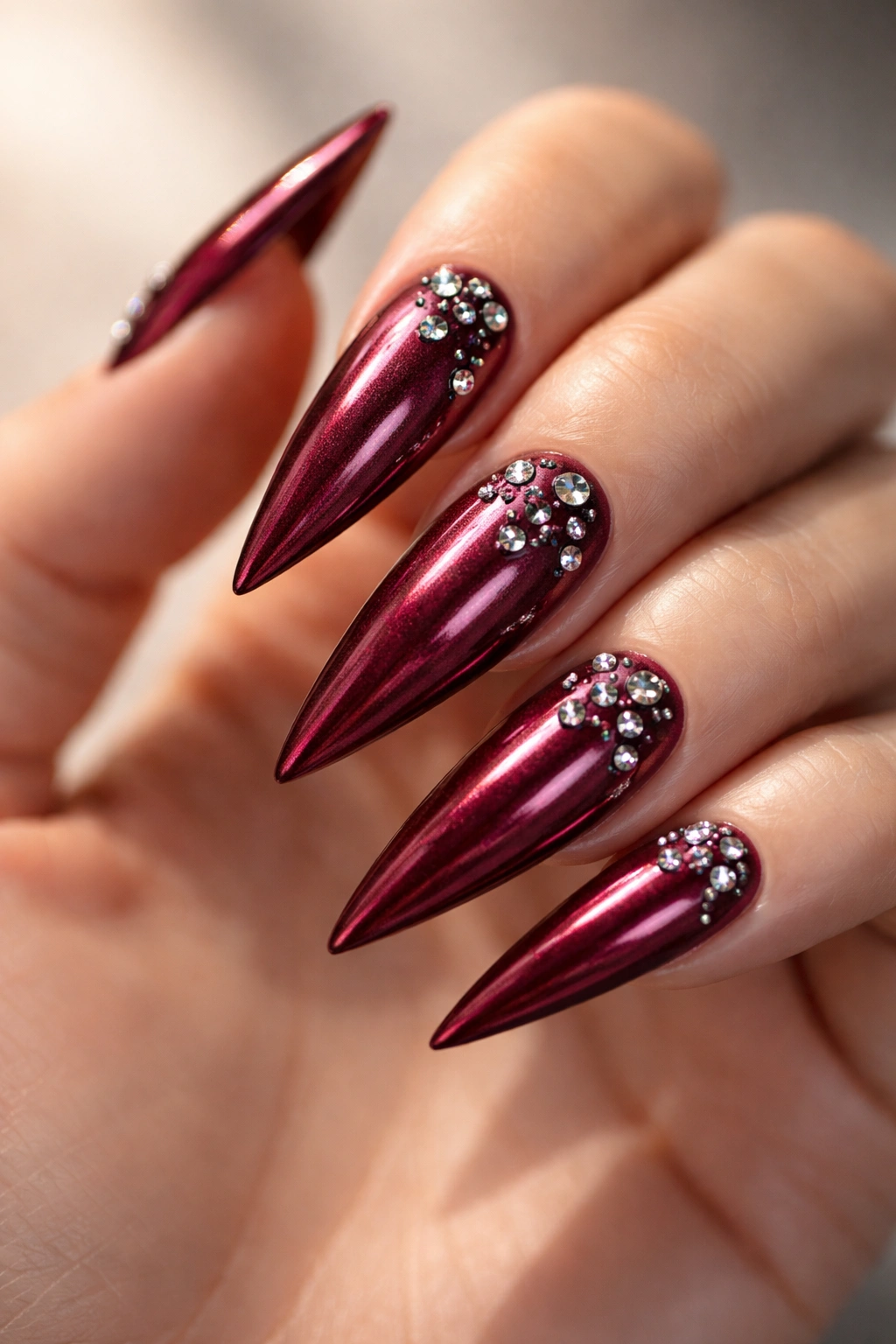 Metallic burgundy nails with scattered rhinestones