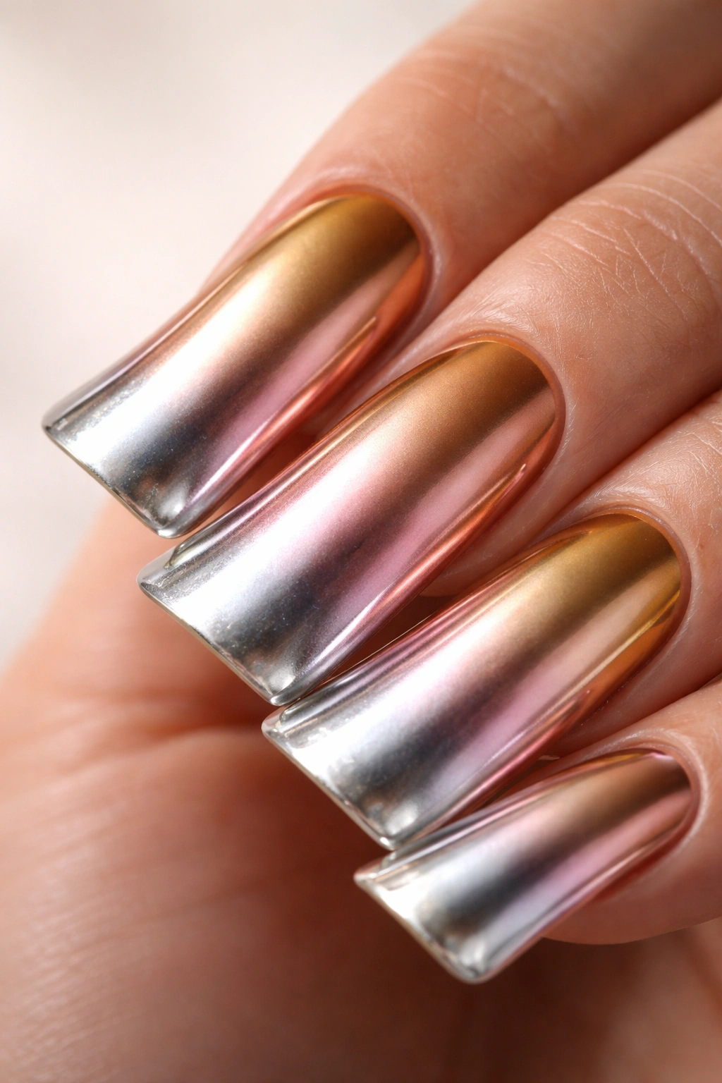 Close-up of a duck nail with a gold to silver metallic chrome gradient