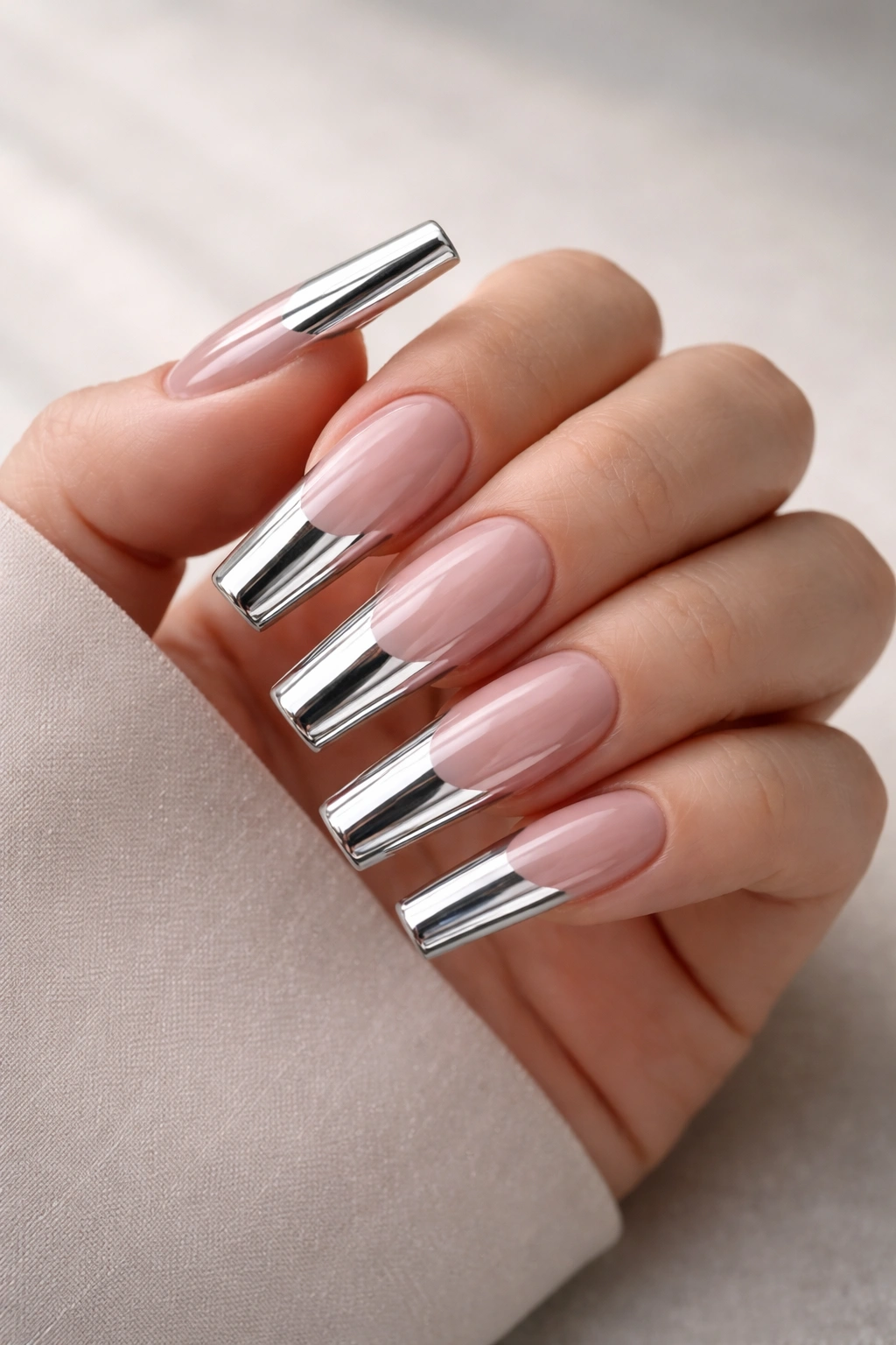 Silver chrome coffin tips on long nails