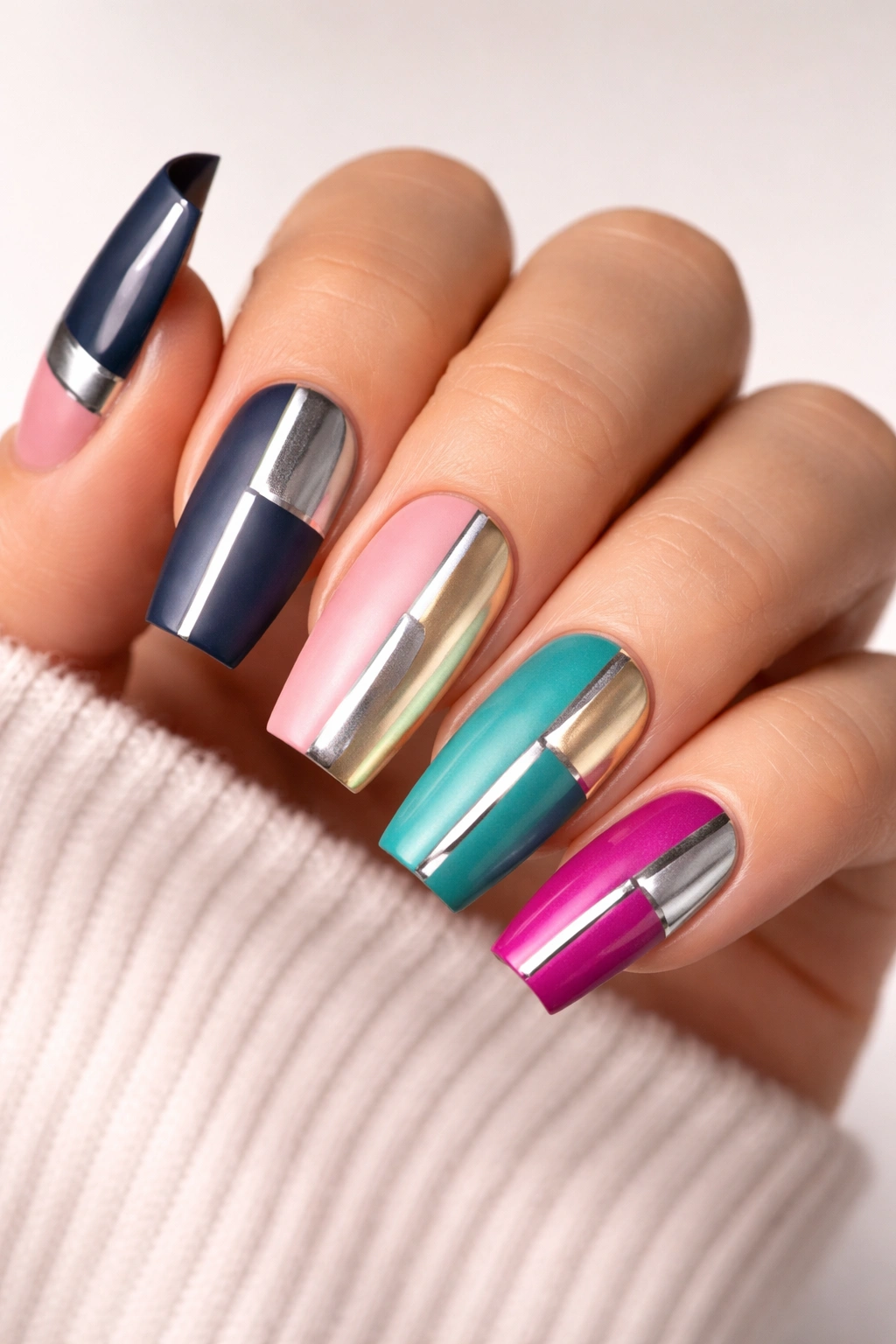 Close-up of metallic color blocking nails with matte and shiny sections