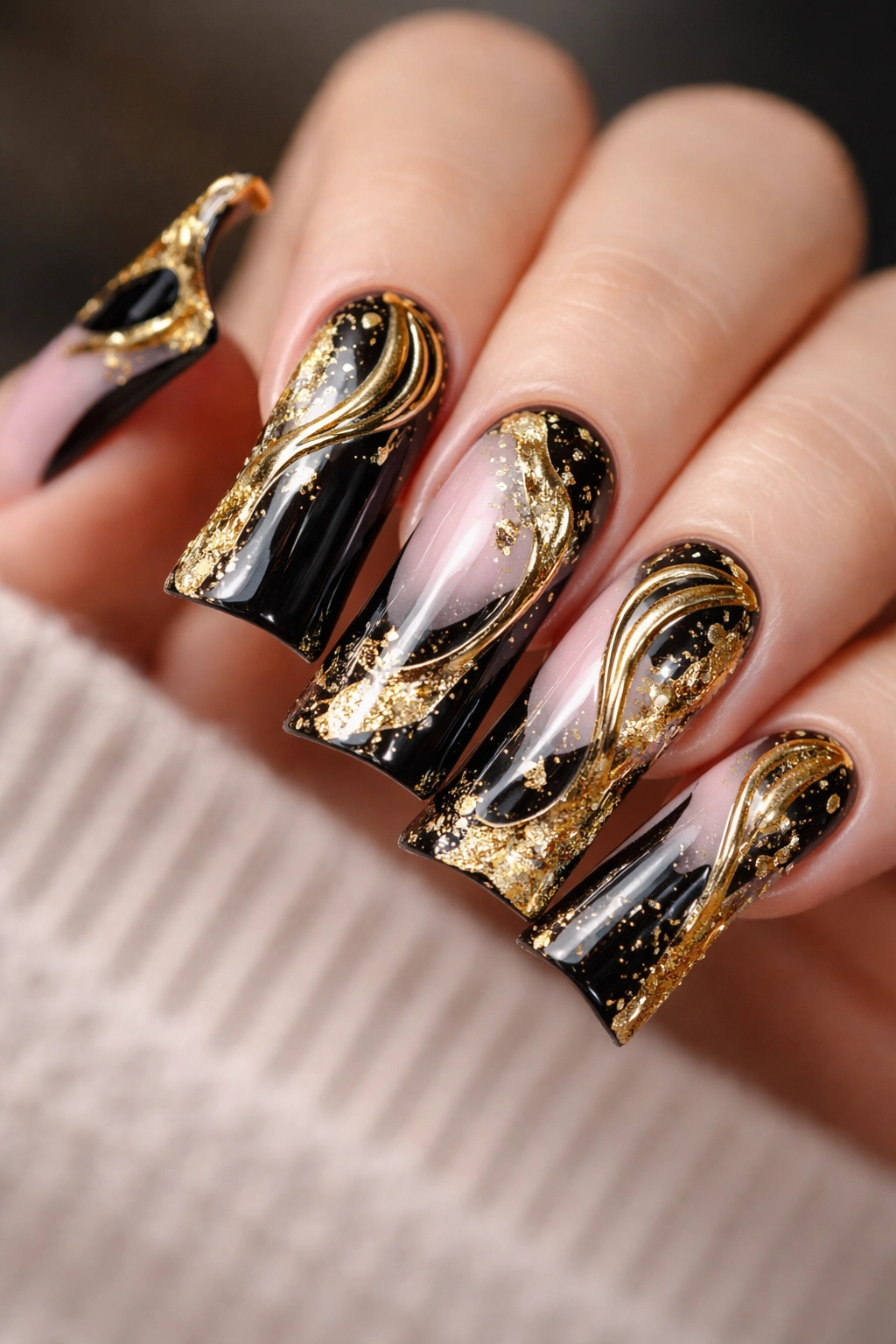 Duck nail with gold foil accents on black and pink base.