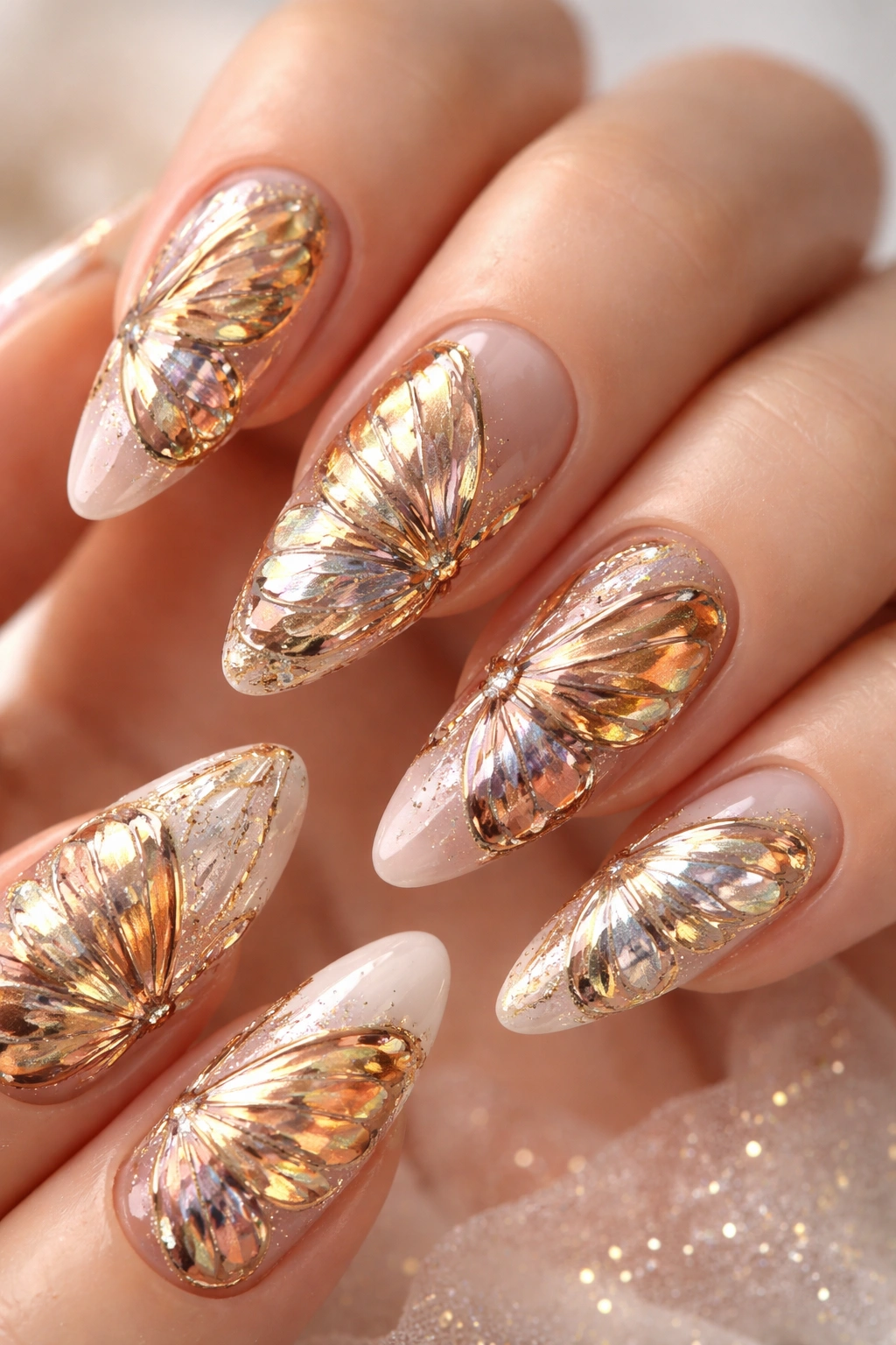 Nails with metallic foil butterfly wings reflecting light