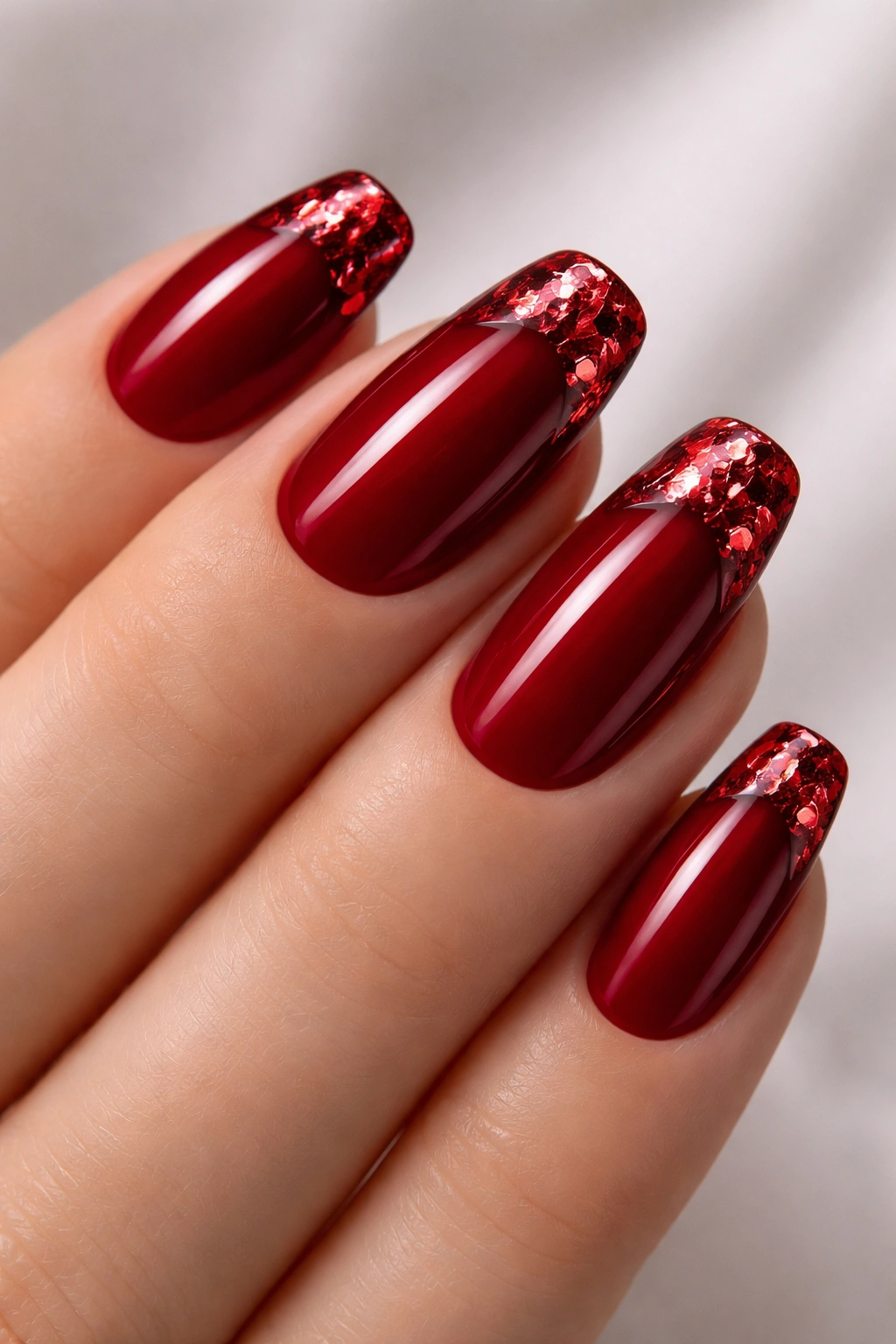 Close-up of nails with deep red polish and metallic foil tip accents catching light