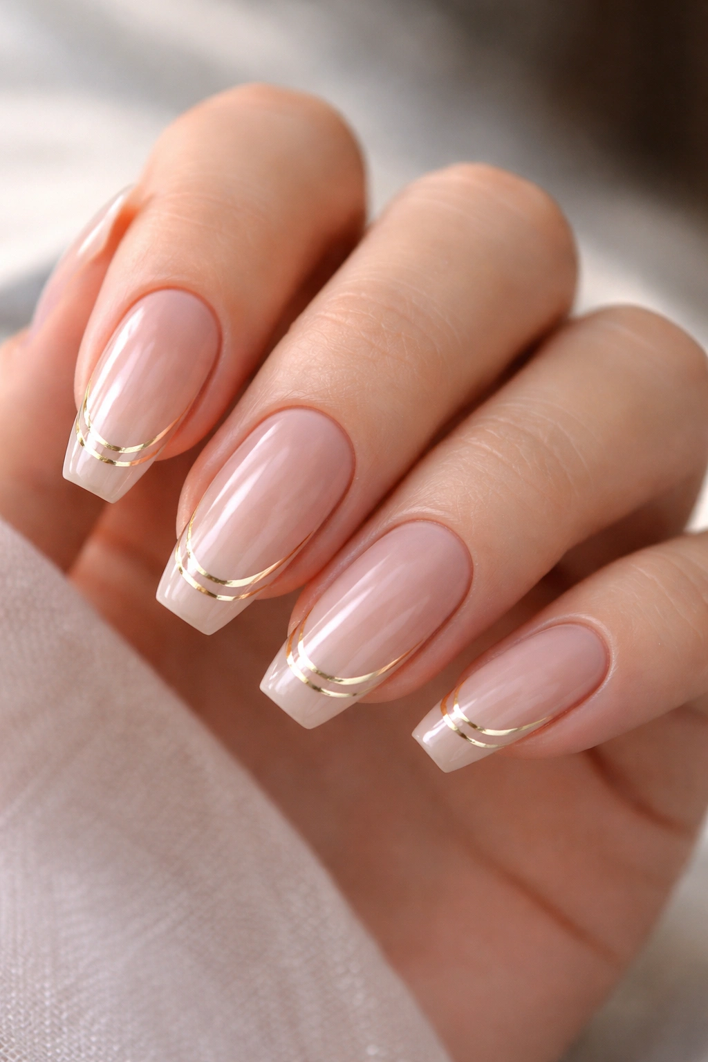 Close-up of double-line metallic French manicure on ballerina nails