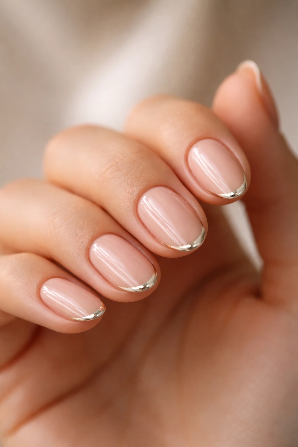 Close-up of almond nails with a thin champagne metallic French edge.