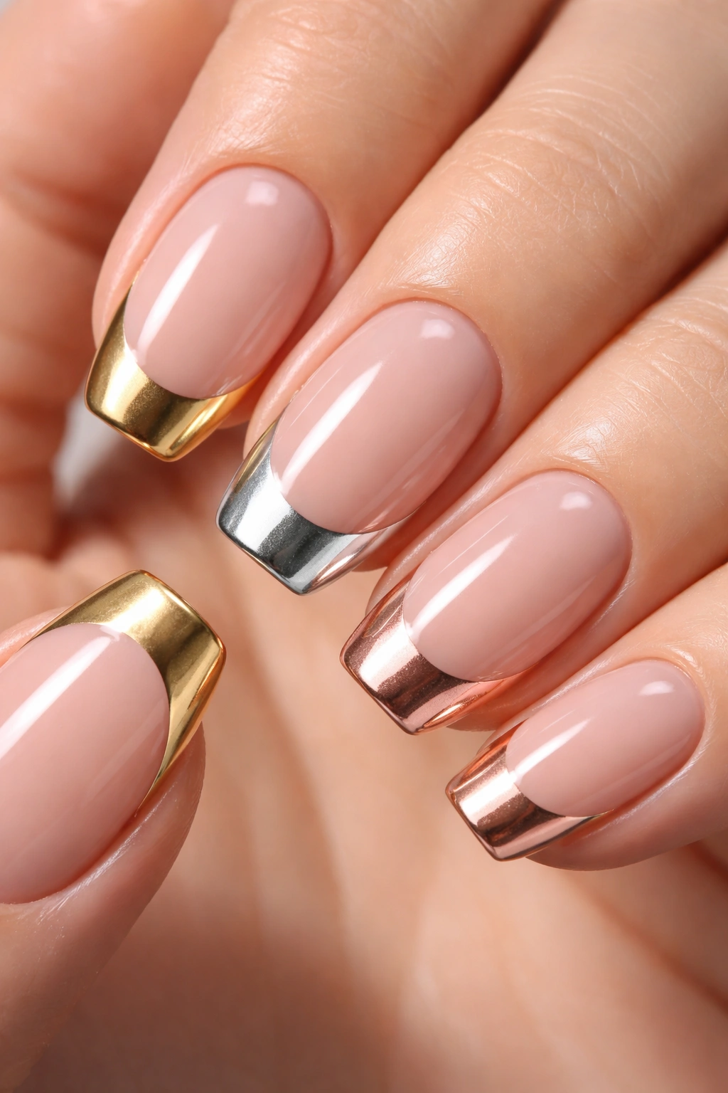Nude nails with metallic tips creating a modern French manicure.
