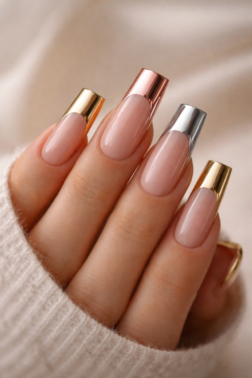 Duck nails with metallic gradient French tips showing chrome finish.