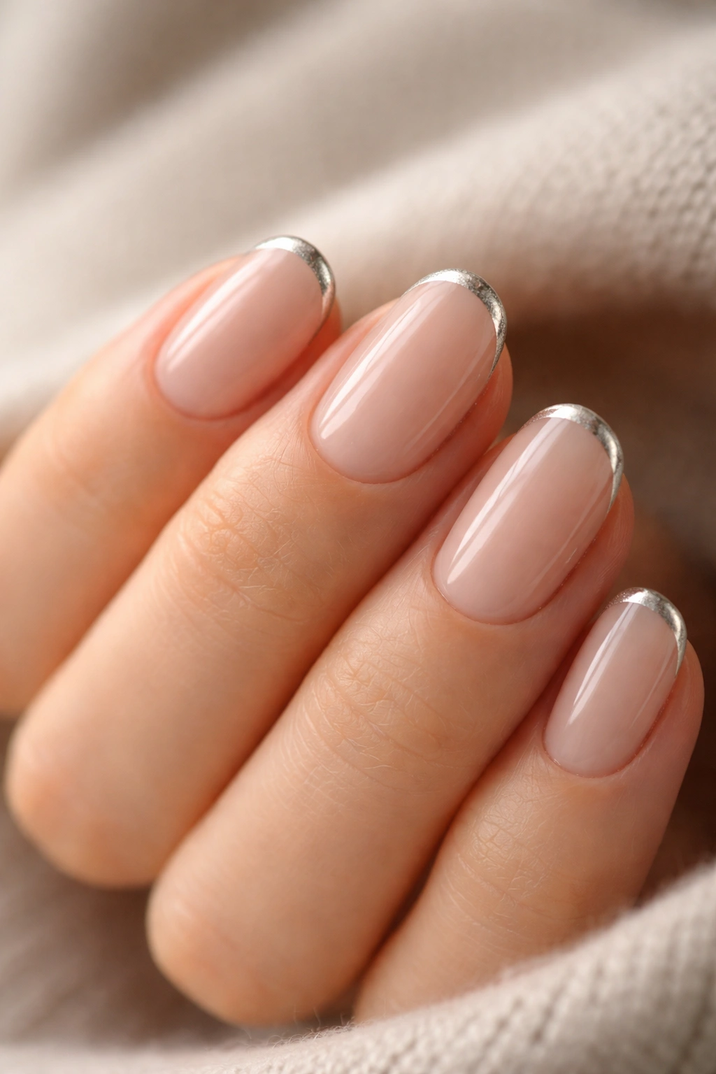 Close-up of short oval nails with a slim metallic edge along the tip.