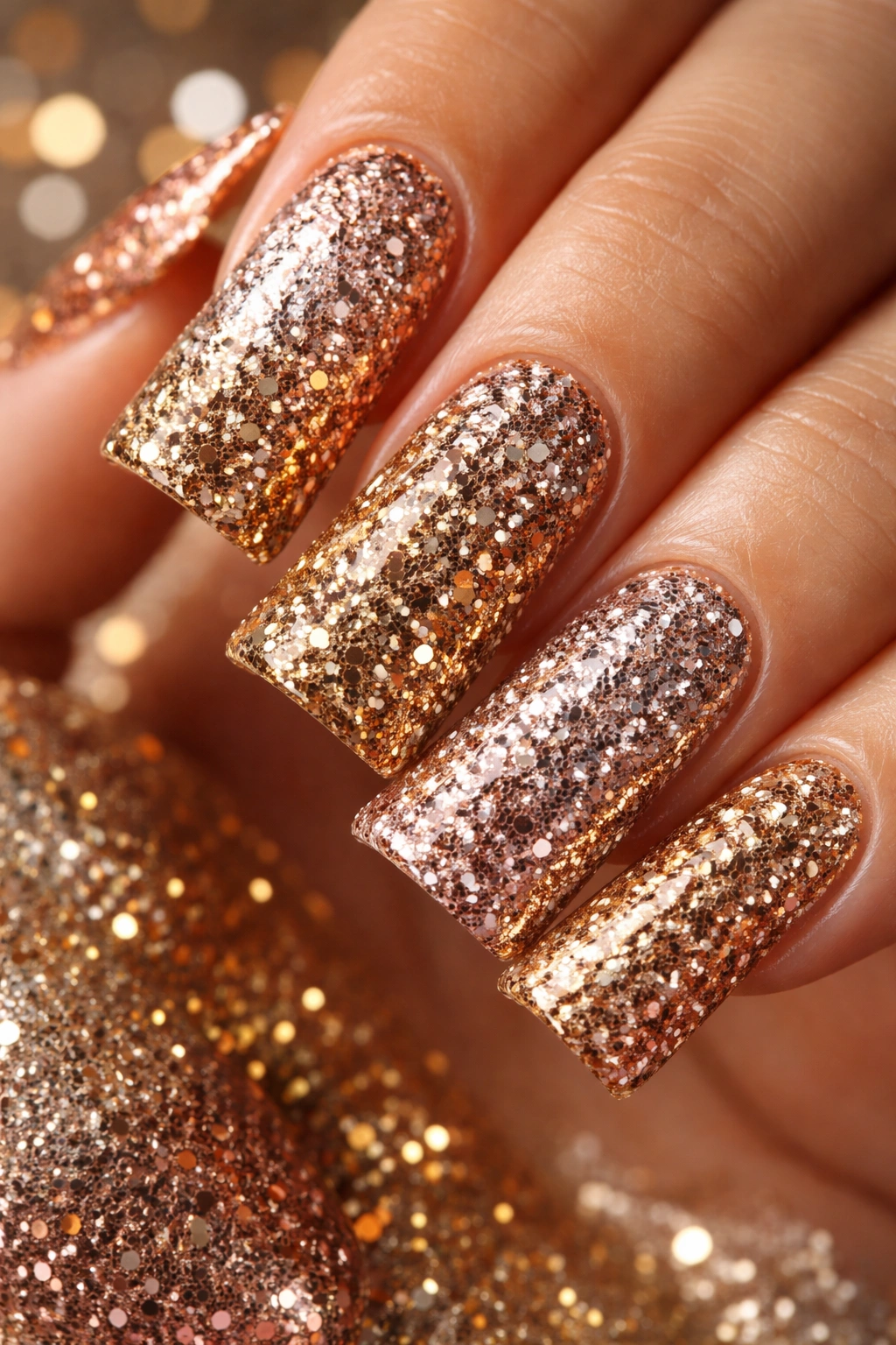 Close-up nails with intense metallic glitter in multiple shades creating a textured sparkle.