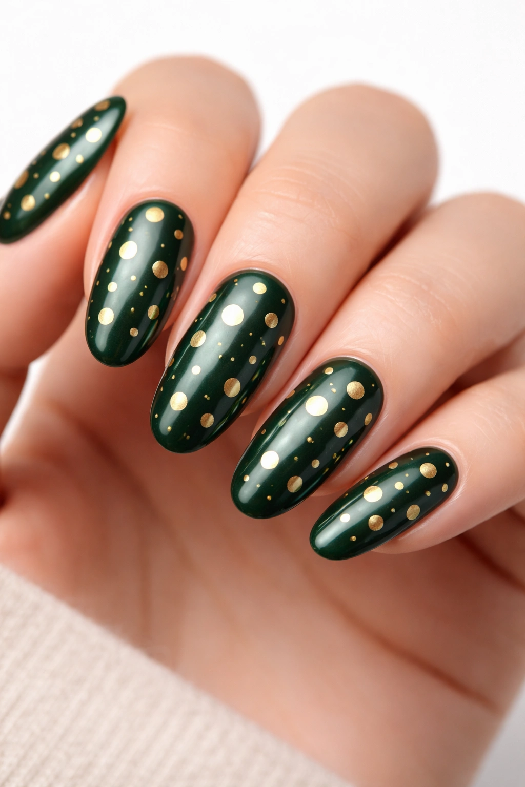 Long round emerald green nails with gold dots, close-up studio shot