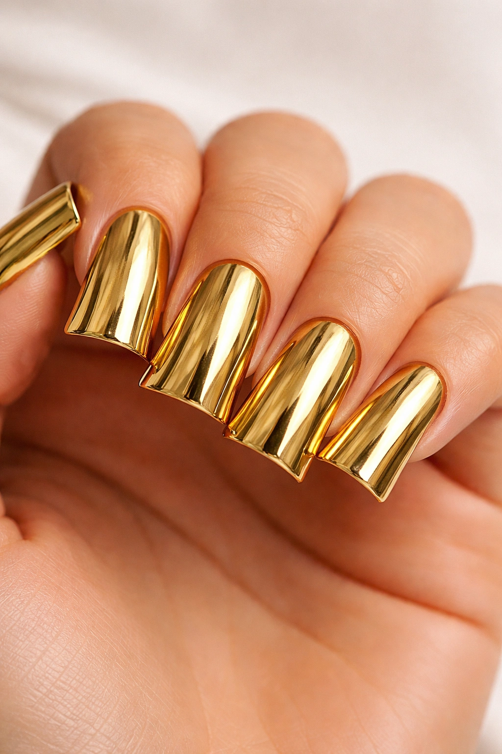 Close-up of metallic gold duck nails with a reflective finish