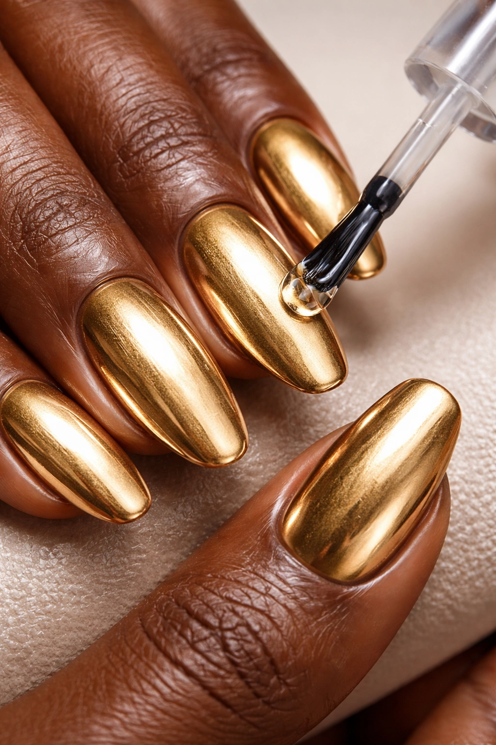 Nails with metallic gold finish and glossy top coat