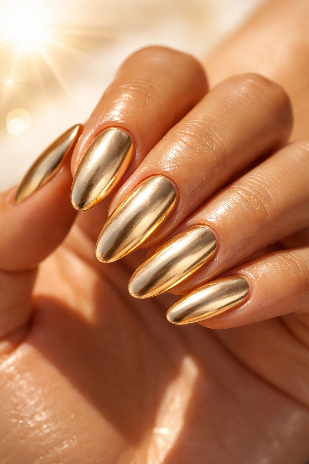 Glossy metallic gold nails catching light on a hand